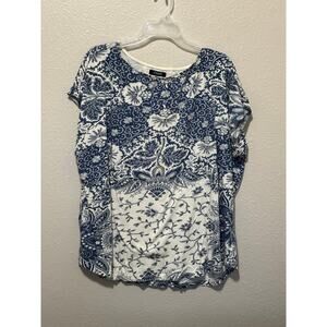 Women’s Chaps Denim Blue Ivory Floral Cap Sleeve Top Blouse Shirt, 3X